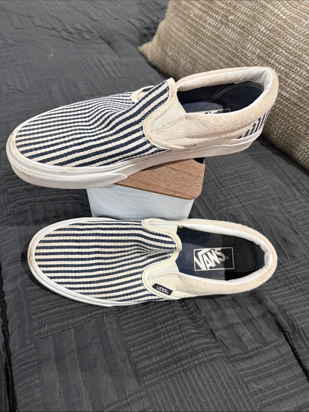 Vans Men’s Slip-On Striped Navy and White Canvas Loafers